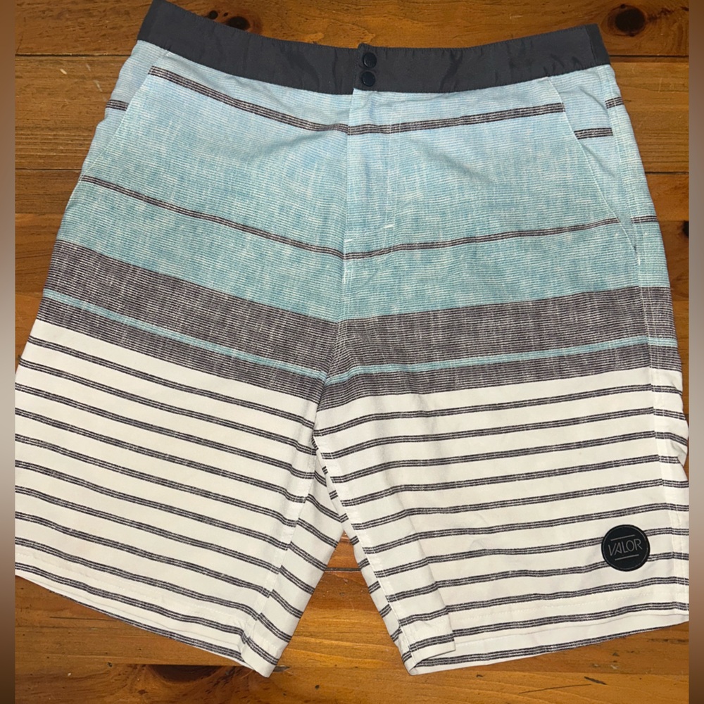 Valor Men's Blue and Gray Striped Board Shorts with Zip and Snap Front Size 30